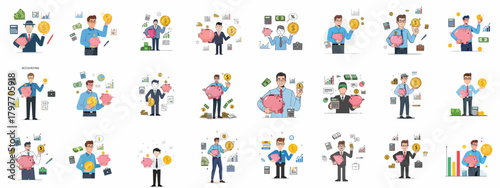 Accounting and Finance Vector Bundle: Set of flat illustrations featuring businessmen, piggy banks, gold coins, calculators, and charts for saving and investment concepts.