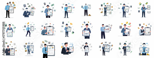 Business finance and accounting vector illustration set: Professionals presenting financial reports, analyzing data, charting growth, and managing taxes.