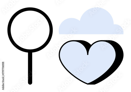 Magnifying glass, pastel cloud, and heart integrate ideas of discovery, connection, self-care, and emotions. Ideal for exploration, communication, mindfulness mental health kindness relationships