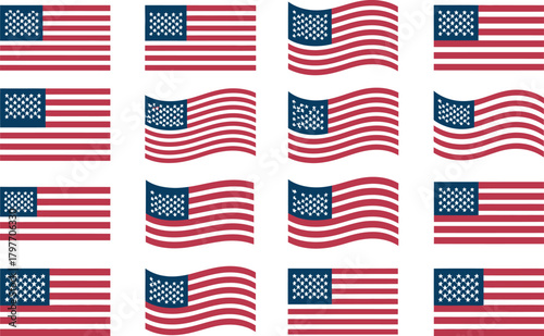 Collection of American Flags Waving and Static united