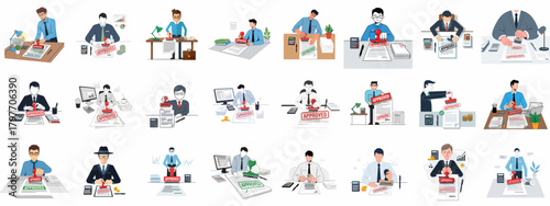 Set of illustrations showing business professionals using 'Approved' stamps on documents, symbolizing successful agreement, compliance, and financial processing approval.