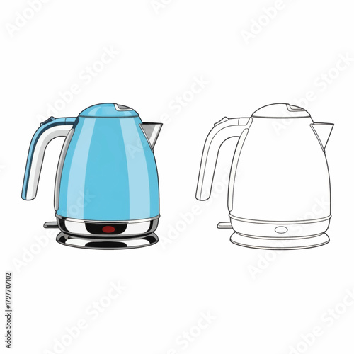Vector illustration of a modern blue electric water kettle with its black and white outline version