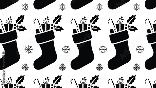 Festive Christmas stocking pattern with snowflakes, perfect for holiday backgrounds, gift wrapping, and seasonal designs adding warmth and cheer