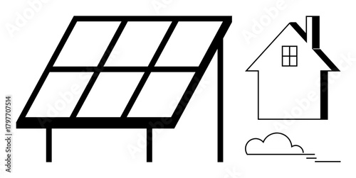 Solar panel angled for sunlight capture, house with chimney, small cloud. Ideal for sustainability, energy efficiency, eco-living, green tech, power generation, home design simple flat metaphor