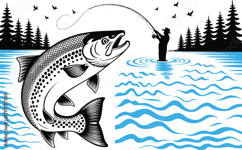 Fisherman reeling in large trout by pine trees and birds