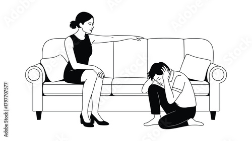 Line Drawing of a Woman Comforting a Distressed Person on a Couch Keywords: woman, person, man, distressed, sad, upset, crying, comforting, support, empathy, help, therapy, counseling, couch, sofa