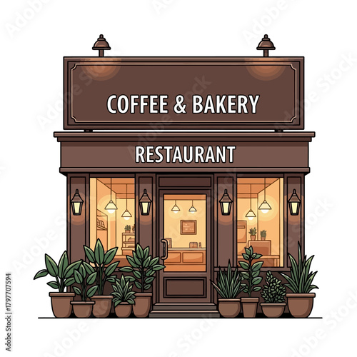 Charming coffee shop and bakery illustration, perfect for inviting restaurant branding, menu designs, and local business marketing materials