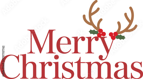 Red Merry Christmas text with reindeer antlers and holly