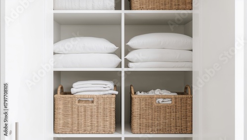 Organized white laundry, pillows, and towels neatly folded in baskets within an open wardrobe, efficient storage system