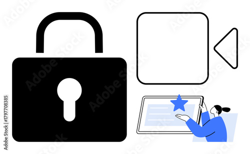 Lock representing security, video player elements, and person engaging with a tablet. Ideal for security, technology, video streaming, data privacy, online learning, digital interaction user