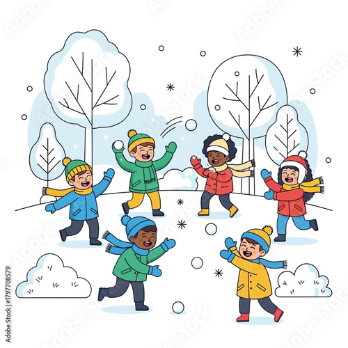 Joyful children having a playful snowball fight in a whimsical winter wonderland, perfect for illustrating family fun, holiday cheer, and active childhood adventures