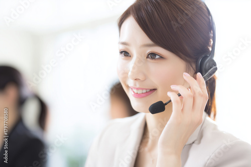 ヘッドセットを装着し、笑顔で顧客対応するコールセンターの女性スタッフ / Female call center staff wearing a headset and serving customers with a smile