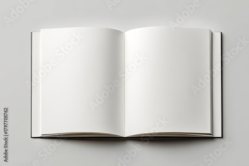 Top-down view of an open, blank notebook with thick white pages, set against a grey backdrop