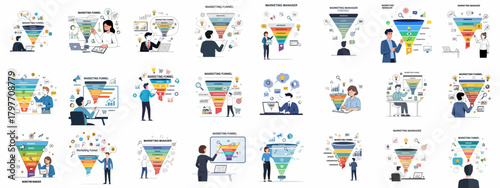 Comprehensive set of marketing funnel illustrations depicting business strategy, customer journey stages, conversion, loyalty, and sales analytics.