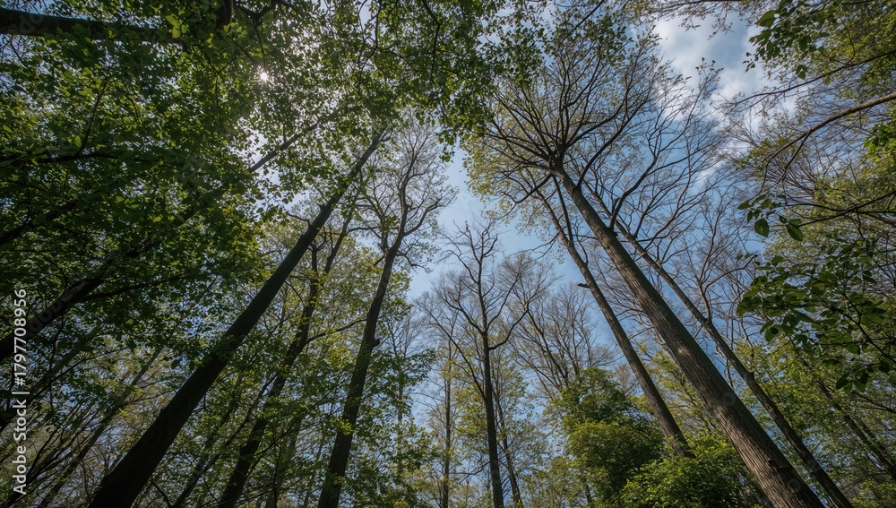 Fototapeta premium Gaze at the towering camphor trees beneath the expansive sky, reflecting seasonal change