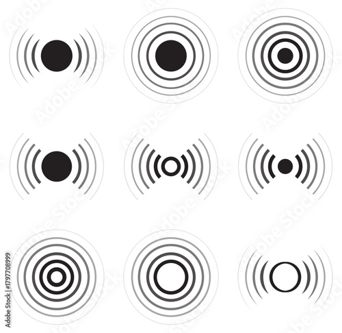 Set of black and gray radar and sonar signal icons. Radar signal wave icons vector set in various circular and radiating style. Internet connection and radiation icons.