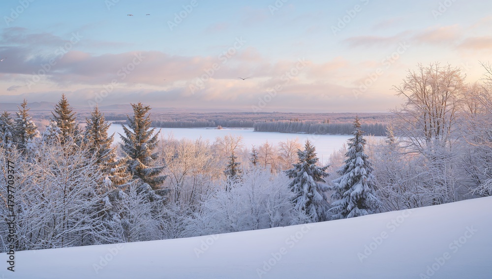 Naklejka premium Winter panorama featuring snow-covered trees in a rural setting, seasonal change