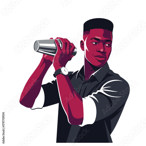 Black man confidently mixing probiotic cocktail with shaker and copy space