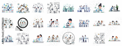 Scientific research laboratory vector set featuring male and female scientists performing experiments, examining samples under microscopes.