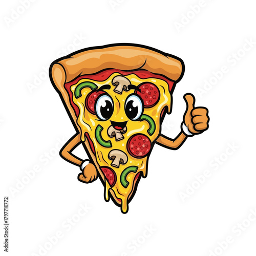 Delightful pizza slice mascot giving thumbs up, perfect for restaurant promotions and fun food branding that brings joy and appetite appeal to your audience