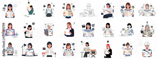 Set of vector illustrations depicting female professionals reading screenplays and scripts, symbolizing acting, filmmaking, and movie production preparation.