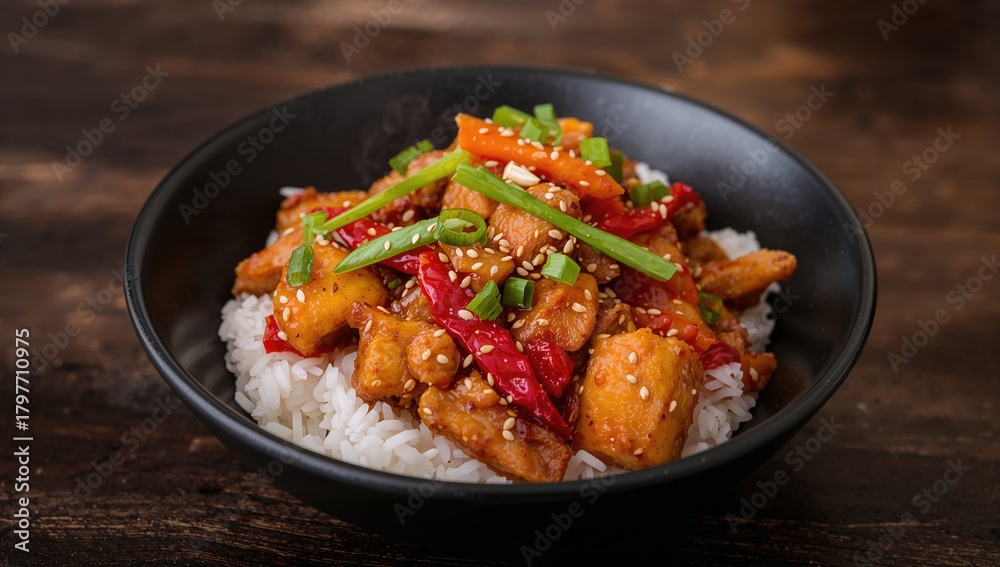 Fototapeta premium Close-up of sweet and sour pulled chicken served with rice, featuring carrots, red bell pepper, and green onion, protein-rich meal