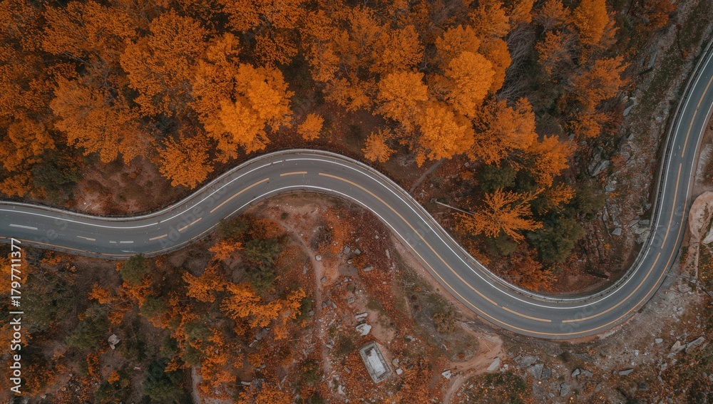 Naklejka premium Aerial view of a winding road amidst vibrant autumn foliage, showcasing seasonal change
