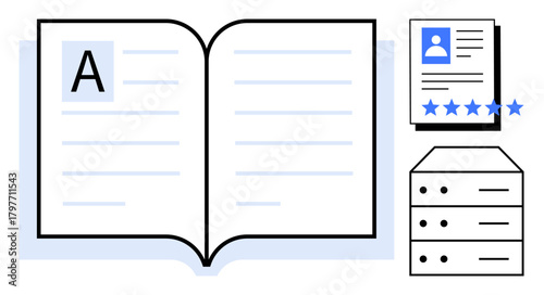 Open book with text lines, profile document with rating stars, and server stack. Ideal for data management, online learning, digital libraries, content organization, education systems, profile