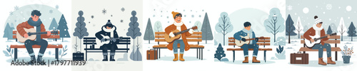 a man playing guitar on a park bench in the snow