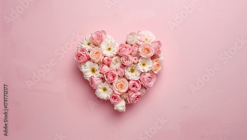 Heart Shaped Floral Arrangement On Pink Backdrop, Symbolizing Affection, Valentine's Day