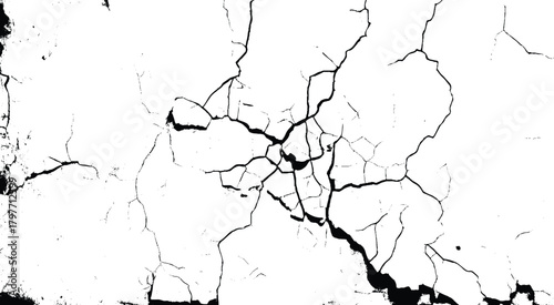 Vector group of black branch grunge cracks isolated on white background. Broken and grated urban street wall construction