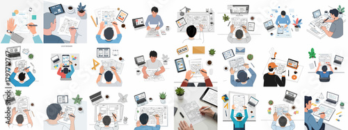 UI/UX design process vector illustration set showcasing people sketching website and application wireframes on desks.