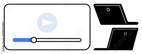 Media player with play button and progress bar alongside two laptops in minimalist style. Ideal for streaming, digital learning, technology, remote work, online collaboration, software, simple flat