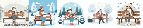a woman playing guitar on a park bench in the snow