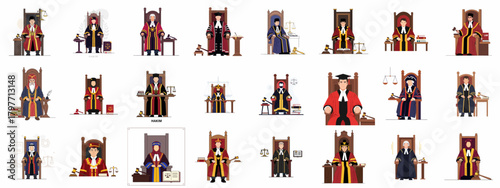 Diverse Judges Collection: Flat Design Illustrations of Legal Figures in Official Robes, Sitting on the Bench with Gavels and Scales of Justice.