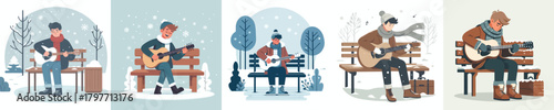 a man playing guitar on a park bench in the snow