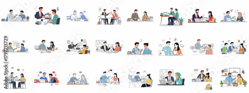 A comprehensive set of vector illustrations featuring students and professors engaging in academic consultation, tutoring, mentorship, and thesis discussion, representing higher education support.