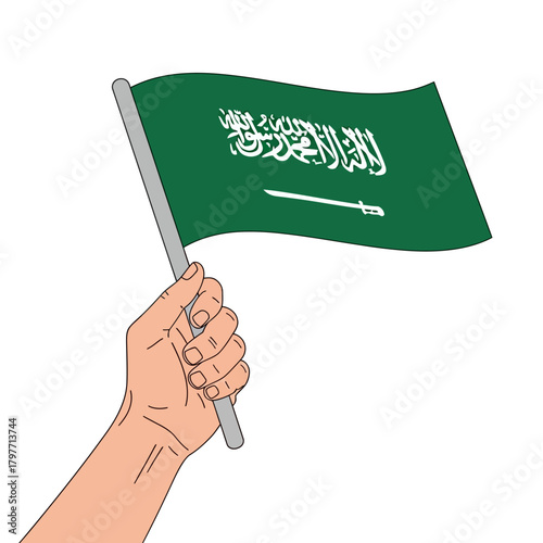 Patriotic spirit with a hand waving the Saudi Arabian flag, perfect for national celebrations and cultural events, conveying pride and unity