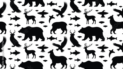 Stunning seamless wildlife pattern featuring majestic black bears, eagles, deer, and fish silhouettes perfect for nature-themed designs and backgrounds