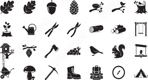 Forest, camping, and gardening icon set. Collection of outdoor activity silhouette symbols. Outdoor adventure and nature glyph icon set