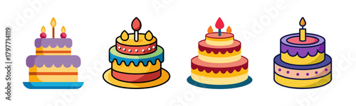 Colorful cartoon birthday cakes with lit candles on white