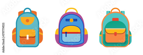 Set of three colorful school backpacks in flat design style