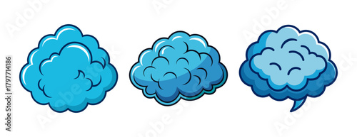 Cartoon blue brain and thought bubble icons representing ideas.
