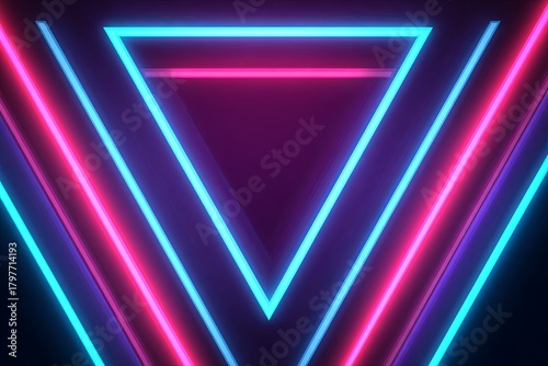 Abstract background of layered neon triangle shapes in hot pink and electric blue, retro-futuristic 80s style, clean vector lines, digital art, high resolution,