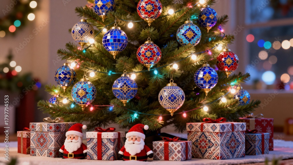 Naklejka premium Christmas Tree with Middle Eastern Mosaic Ornaments and Santa Gift Boxes Underneath”
