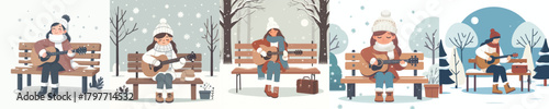 a woman playing guitar on a park bench in the snow