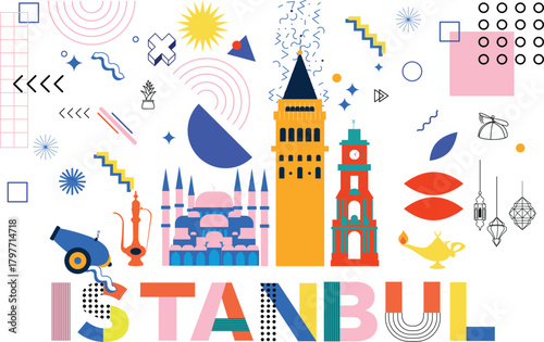 Istanbul culture travel set, famous architectures and specialties in flat design. Business travel and Memphis concept isolated on white background. Image for presentation, banner, website, app, advert