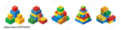 Set of colorful isometric toy building block designs vectors