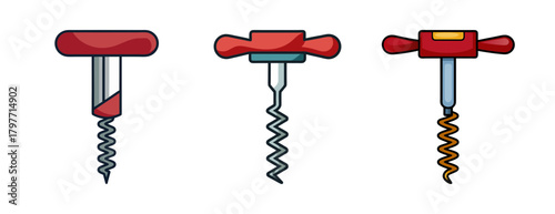 Variety of three cartoon corkscrews for opening wine bottles