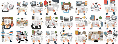 Top view collection of editing, writing, and proofreading illustrations. Desks with books, manuscripts, laptops, coffee, and hands making corrections.